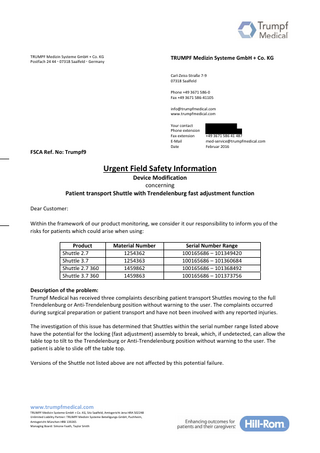 TRUMPF Shuttle System Urgent Field Safety Information Feb 2016