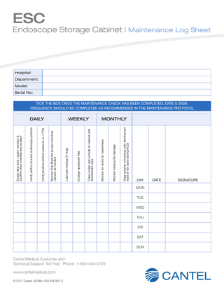 Endoscope Storage Cabinet Maintenance Log Sheet Rev C