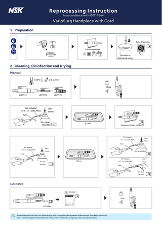 Reprocessing Instruction in accordance with ISO17664  VarioSurg Handpiece with Cord 1 Preparation  Auto Cleaning  Cleaning wipes Distilled or deionized water  2 Cleaning, Disinfection and Drying Manual 38°C  3.5L/min  500lx  20sec.  60sec.  WL-Adapter U-1 + U-1a (ALPRO)  20sec.  2sec. 3times  Tube  WL-clean (ALPRO)  1min  Minuten Wipes (ALPRO)  WL-Adapter  3sec.  U-1 + U-1a (ALPRO)  1time  Tube WL-Adapter U-1 + U-1a (ALPRO)  3sec. 1time  WL-dry (ALPRO)  Tube  2min  WL-cid (ALPRO)  WL-Adapter  3sec.  U-1 + U-1a (ALPRO)  1time  Tube  WL-Blow (ALPRO)  Automated  ISO 15883-1  500lx  A815 (Miele)  ・Cover the product with a cloth when drying with compressed air to prevent water aerosol from being produced. ・Use a nationally approved disinfectant with proven bactericidal, fungicidal, and virucidal properties.  