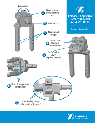 Rotate Dial Flush window while rotating dial  1 2  Flush Bore  Persona™ Adjustable Resection Tower 42-5099-008-00 Cleaning Instructions  3  Flush 4 Ball Plungers Flush 3 Ball 4 Plungers (rotate dial)  Flush Spring Cavity 5 (top and bottom)  6  Flush Spring Cavity (rotate dial)  Flush Spring Cavity 7 (rotate dial; both sides) 97-5026-012-00 MC0000099147/00 Printed in USA ©2013 Zimmer, Inc.  