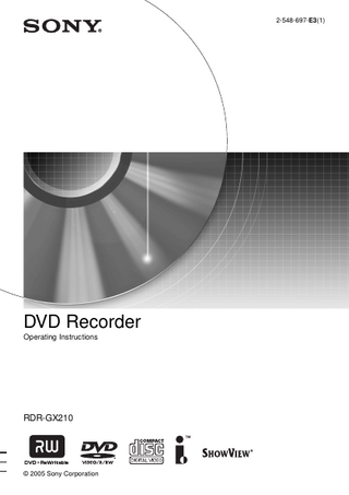 Table of Contents WARNING... 2 Precautions... 2 Ways to Use Your DVD Recorder... 6 Quick Guide to Disc Types... 8  Hookups and Settings... 12 Hooking Up the Recorder... 12 Step 1: Unpacking... 12 Step 2: Connecting the Aerial Cable... 13 Step 3: Connecting the Video Cords... 14 Step 4: Connecting the Audio Cords... 16 Step 5: Connecting the Mains Lead... 18 Step 6: Preparing the Remote... 18 Step 7: Initial Setup... 21 Connecting a VCR or Similar Device... 23 Connecting to a Satellite or Digital Tuner... 25 Connecting a PAY-TV/Canal Plus Decoder... 26  Basic Operation... 27 Inserting and Formatting a Disc... 27 Recording a Programme to a Disc... 28 Viewing the Recorded Programme (Title List)... 29 Checking the Playback Information and Playing Time... 31 Changing the Name of a Recorded Programme (Title Input)... 32 Labelling and Protecting a Disc... 34 Playing a DVD on Other Equipment (Finalize)... 35  Recording... 37 Before Recording... 37 Timer Recording (Standard/ShowView)... 38 Checking/Changing/Cancelling Timer Settings (Timer List)... 42 Recording Without the Timer... 43 Recording From Connected Equipment... 45  Playback... 47 Playing DVDs and VIDEO CDs... 47 Searching for a Title/Chapter/Track, etc... 52 Playing Music CDs and MP3 Audio Tracks... 53 Playing JPEG Image Files... 57  Erasing and Editing... 59 Before Editing... 59 Erasing and Editing Titles... 60 Editing a Title by Chapter... 63 Editing a Playlist... 64  4  