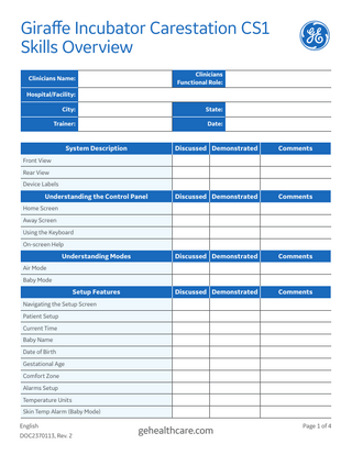 Giraffe Incubator Carestation CS1 Skills Overview Rev 2