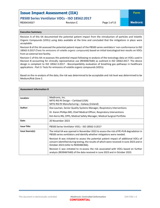 PB500 Series Ventilator VOC Impact Assessment