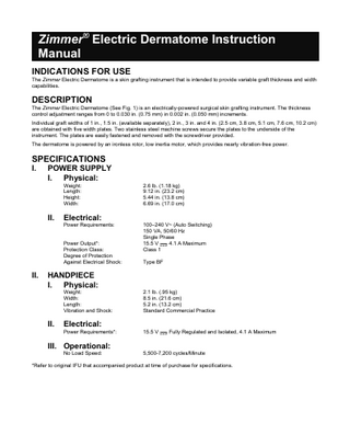 Zimmer Electric Dermatome Instructions for Use