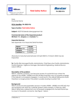 Hill-Rom Beds Field Safety Notice Nov 2022