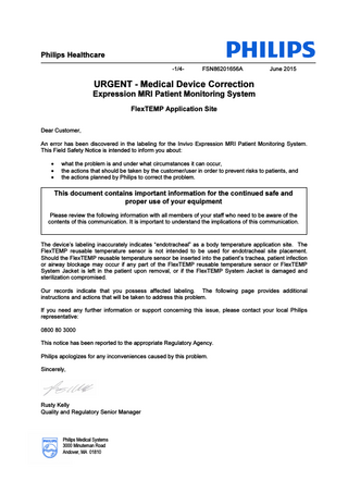 Expression MRI Patient Monitor Urgent Medical Correction-Labeling Inaccuracy Issue June 2015