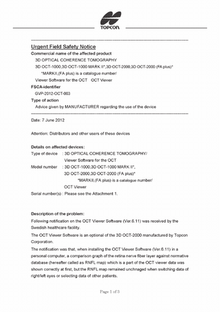 3D OCT-1000 and 2000 series Urgent Field Safety Notice June 2012