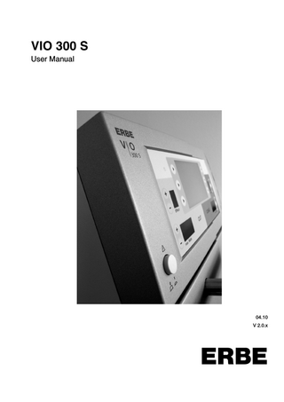 Table of Contents  Table of Contents  Chapter  80113-601 04/ 2010  1  Title  Page  Safety Instructions ... 9 Intended use ... 9 Combination with other equipment ... 9 Safety notations... 9 Meaning of the note ... 9 Who must read this User Manual?... 10 Compliance with safety information... 10 Structure of safety instructions ... 10 Operating errors by persons without training ... 11 Risks due to the environment... 11 Electric shock... 12 Fire / explosion ... 13 Burns ... 15 Risks due to incorrect use of the return electrode... 19 Defective unit... 20 Interference caused by the unit ... 21 Damage to the unit and accessories ... 22 Notes ... 23  2  Safety Features... 25 NESSY ... 25 How do I receive information about the safety status of the return electrode? ... 27 Automatic monitoring of equipment output error... 30 Automatic monitoring of the ON time... 30 Protection from operating errors ... 31  3  Accessories ... 33 Introduction... 33 VIO 300 S – example accessories... 34 Check compatibility of instrument and CUT / COAG mode ... 36 Check compatibility of the return electrode... 38 Compatible footswitches... 38  4  Description of the Controls ... 39 Controls on the front panel ... 39 Controls on the back ... 41  5  Working with the Electrosurgical Unit: a Tutorial ... 43 Re this chapter... 43 Setting options for the unit... 44 Factory unit settings ... 45  5 / 160  