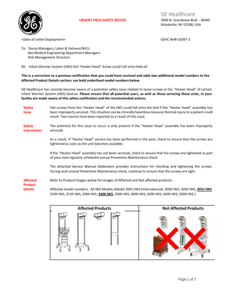 Infant Warmer System Urgent Field Safety Notice June 2017