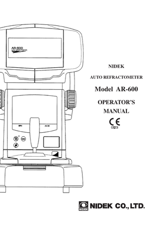 Table of Contents  §1 INTRODUCTION ...Page 1-1 1.1Outline of the Product ... 1-1 1.2 Indications for Use ... 1-1 1.3 Classifications ... 1-1 1.4 Symbol Information ... 1-2  §2 SAFETY... 2-1 2.1 Operation ... 2-1 2.2 Storage ... 2-2 2.3 Transportation... 2-3 2.4 Installation ... 2-3 2.5 Wiring ... 2-5 2.6 After Use ... 2-5 2.7 Maintenance and Checks ... 2-9 2.8 Disposal ... 2-9 2.9 Labels ... 2-10  §3 CONFIGURATION ... 3-1 §4 OPERATING PROCEDURES ... 4-1 4.1 Operation Flow ... 4-1 4.2 Preparation for Measurement ... 4-1 4.3 AR (refractive error) Measurement ... 4-6 4.4 PD (Pupillary Distance) Measurement ... 4-8  §5 PRINTOUT ... 5-1 5.1 Printing Measurement Results ... 5-1 5.2 Eyeprint ... 5-4  §6 OTHER FUNCTIONS ... 6-1 6.1 System Setup ... 6-1 6.2 Setting Date and Time ... 6-8 6.3 Entering Comments ... 6-9  §7 TROUBLESHOOTING ... 7-1  