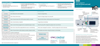 Alert and alarm conditions When the ALERT activates:  1. The infusion continues 2. Three beeps are heard approximately every three/four minutes  Screen  The alert activates approximately 15-30 minutes prior to an alarm state  When the ALARM activates:  1. The infusion stops 2. The LED indicator light turns from green to red  Ambulatory Syringe Pump  3. The alarm sounds continuously until either the pump is paused or the problem is rectified 4. An error message appears on the display indicating the alarm cause  LOCK OFF (Prime and Load) Quick user guide Feature recognition  Description  Implication/Action  STOP/NO • Takes user back a step during programming • Stops delivery  Low Battery  Alert: Battery life is almost depleted  Prepare to charge battery  Near End  Alert: Infusion will end soon  Prepare to change syringe or turn pump off  Pump Paused Too Long  Alarm: Pump has been left in STOP mode (on hold) for 2 minutes  Either start the infusion, continue pause or turn the pump off  End Battery  Alarm: Internal battery is depleted  Charge battery immediately  Syringe Empty, Remove Syringe  Alarm: Current infusion programme has completed/syringe is empty  Power the pump off or change the syringe to start a new infusion  Syringe Displaced, Check Syringe  Alarm: One or more of the syringe detection sensors is not detecting  Check screen messages for assistance / Check the syringe and re-seat as necessary  Occlusion  Alarm: Pt access device is either blocked, occluded, clamped or kinked  Flush/replace access device, release the clamp or un-kink tubing  Technical problem/error and failure identification  Two examples of system failure screen messages are shown in the boxes (right).  The pump alarms if an internal system fault has been detected and the unit will be inoperative. • Power the pump off and then power on again, this may rectify the problem. • If the problem cannot be rectified, power off the pump and remove from patient use. Follow local policy and/or contact your authorised Medical Engineering Department for advice if necessary. If possible, record the code number and a summary of the fault. Refer to Operating Manual for details on Keypad Lock  System Error. Press & Hold INFO for Details  ERROR Startup MotMov Fail If problem persists send pump for service.  CME Medical UK Ltd Kincraig Business Park, Kincraig Road, Blackpool FY2 0PJ  PLUS/MINUS To scroll up or down through list of options  FF (Forward)/BACK Adjusts position of actuator for syringe loading  Tel: 01253 894646 Fax: 01253 896648 info@cmemedical.co.uk www.cmemedical.co.uk  Doc Ref: T60 QUG Lock Off, prime/load: T60 QUG/OFF P-L/v7/June 2013  Troubleshooting  3. A screen message alternates with the infusion running screen until the end of the battery/infusion  Power ON/OFF Turns pump on and off  START/YES • Confirms choices during programming • Starts delivery  INFO • Accesses info menu (with infusion paused/stopped) • Accesses infusion information during delivery • Locks and unlocks keypad  CME Medical Device Training is RCN Accredited The information contained in this guide is a summary only, based on default settings. Refer to Operating Manual for full operating instructions. Users must have undertaken training before operating this device. Screen information is representative only and some text wording/screen information may vary slightly with different software versions. You must refer to local policy and procedures for specific guidance on pump settings/set-up and use of accessories (e.g. cannula and administration lines). Always follow screen prompts. Before pressing keys to proceed, ensure selections made correspond with what is required.  