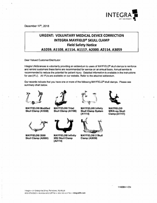 Mayfield Axxxx series Urgent Voluntary Medical Device Correction Dec 2018