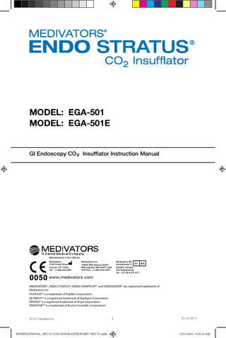 Table of Contents  I. Unpacking and Inspection...3 II. Introduction...3 Definitions...3 Indications for use...3 Contraindications...3 III. Warnings and Cautions...4 IV. Product Features...6 		Safety Features...6 		 Theory of Operation...6 V. Technical Specifications...6 Electrical...6 Mechanical...7 		 CO2...7 		 Environmental requirements...8 		 Accessories...8 		Replacement parts...8 VI. Front Panel Controls/Connections...9 VII. Rear Panel Connections...10 VIII. Setup and Operation...11 Initial Setup...11 Air hose attachment...11 		 Pre-procedure setup...11 		 Water warming...12 Operation...12 		 Shutdown...12 		  IX. Care and Maintenance...13 		 Cleaning...13 		 Maintenance...13 X. EMC Tables...14  IFU-52 / REV H  INTERNATIONAL_ IFU-52 (CO2 INSUFLATOR PUMP) REV H .indd 2  2  12/11/2015 9:31:54 AM  