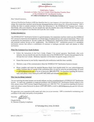 STERRAD NX Sterilization System Field Safety Notice Jan 2017