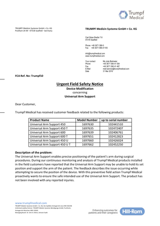 klinoPORT series Urgent Field Safety Notice March 2016