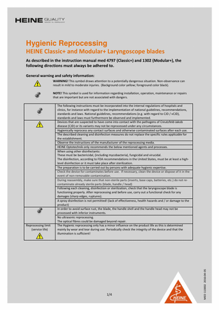 HEINE Classic + and Modular Laryngoscope Blades Hygienic Reprocessing April 2016