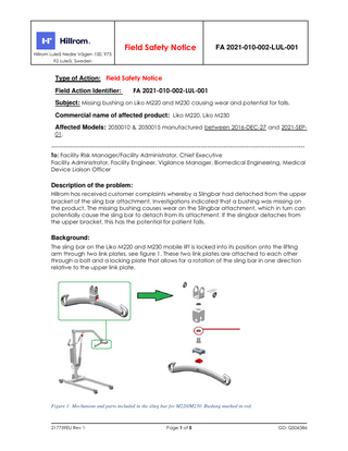 Liko M220 and M230 Field Safety Notice Nov 2021