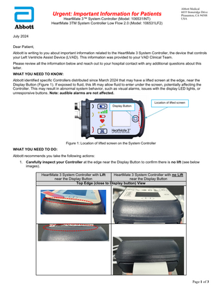 HeartMate 3 System Urgent Important Information for Patients 