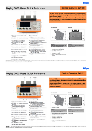 Oxylog 3000 Users Quick Reference  Device Overview SW1.22 The Oxylog 3000 is a time-cycled, volume controlled and pressure-controlled emergency and transport ventilator for patients requiring mandatory or assisted ventilation with a tidal volume from 50 mL upwards. Intended operator: the device is intended for use by and under the supervision of trained healthcare professionals, e.g. doctors, nurses, emergency medical technicians, respiratory therapists, and paramedics.  Warning! This “Quick Guide” is not a replacement for the Instructions for Use. For full information concerning the performance characteristics of the Dräger devices described in the Quick Guide, each user must carefully read and fully comprehend the Instructions For Use before operating the respective device.. Version: TRFeb2016  Oxylog 3000 Users Quick Reference  Device Overview SW1.22 The Oxylog 3000 is a time-cycled, volume controlled and pressure-controlled emergency and transport ventilator for patients requiring mandatory or assisted ventilation with a tidal volume from 50 mL upwards. Intended operator: the device is intended for use by and under the supervision of trained healthcare professionals, e.g. doctors, nurses, emergency medical technicians, respiratory therapists, and paramedics.  Warning! This “Quick Guide” is not a replacement for the Instructions for Use. For full information concerning the performance characteristics of the Dräger devices described in the Quick Guide, each user must carefully read and fully comprehend the Instructions For Use before operating the respective device.. Version: TRFeb2016  