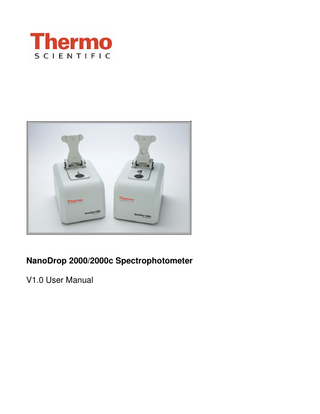 Table of Contents 1. INTRODUCTION ... 1-1 INSTRUMENT DESCRIPTION ... 1-1 INSTRUMENT SPECIFICATIONS ... 1-1 Patents... 1-1 SAMPLE RETENTION PEDESTAL MEASUREMENTS ... 1-2 Pedestal Basic Use ... 1-2 CUVETTE MEASUREMENTS... 1-3 Cuvette Basic Use ... 1-3 BLANKING AND ABSORBANCE CALCULATIONS ... 1-4 FLUORESCENT DYES ... 1-5 2. SOFTWARE... 2-1 COMPUTER REQUIREMENTS ... 2-1 SOFTWARE INSTALLATION ... 2-1 Registering Your Instrument... 2-2 SOFTWARE FEATURES ... 2-2 Left Pane ... 2-2 Right Pane... 2-5 DATA AND ACCOUNT MANAGEMENT ... 2-7 My Data ... 2-7 Reports ... 2-7 Autosave files... 2-9 Options... 2-9 3. APPLICATIONS... 3-1 OVERVIEW ... 3-1 QUICK START ... 3-1 MEASUREMENT RANGES ... 3-2 NUCLEIC ACID ... 3-3 Overview... 3-3 Nucleic Acid Calculations ... 3-3 Unique Screen Features ... 3-4 Making Nucleic Acid Measurements... 3-5 Oligo Calc ... 3-6 MICRO ARRAY ... 3-8 Overview... 3-8 Dye/Chromophore Editor... 3-8 Unique Screen Features ... 3-8 Making Micro Array Measurements ... 3-9 Oligo Calc ... 3-10 UV-VIS ... 3-13 Overview... 3-13 Unique Screen Features ... 3-13 Making UV-Vis Measurements ... 3-14 PROTEIN A280 ... 3-16 Overview... 3-16 Unique Screen Features ... 3-17 Making Protein A280 Measurements... 3-18 PROTEINS & LABELS ... 3-20 Overview... 3-20 Dye/Chromophore Editor... 3-20 Unique Screen Features ... 3-21 Making Proteins & Labels Measurements ... 3-22 PROTEIN BCA ... 3-24 Overview... 3-24 Unique Screen Features ... 3-25 Making BCA Assay Measurements ... 3-27 PROTEIN LOWRY ... 3-29 Overview... 3-29  