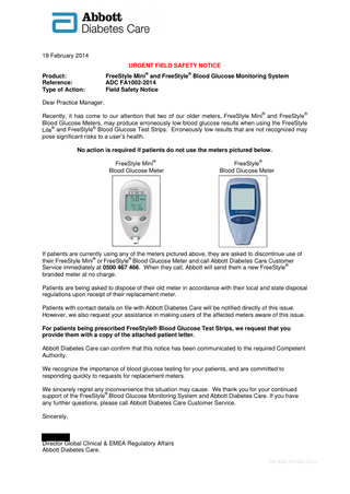 FreeStyle and FreeStyle Mini Urgent Field Safety Notice Feb 2014