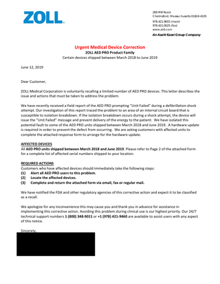 AEDPro series Urgent Medical Device Correction June 2019 