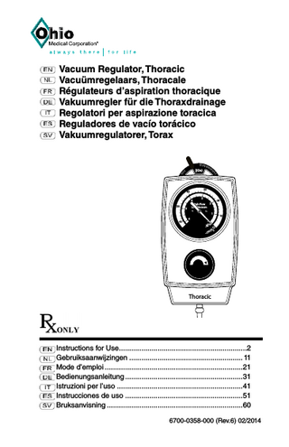 Vacuum Regulator, Thoracic Instructions for Use Rev 6 Feb 2014