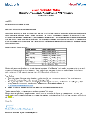 HeartWare HVAD System Urgent Medical Device Communication July 2021