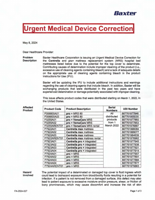 Centrell and pro + Mattresses Urgent Medical Device Correction 