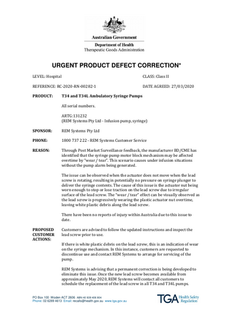 T34 and T34L Urgent Product Defect Correction March 2020 - Syringe Plunger issue 