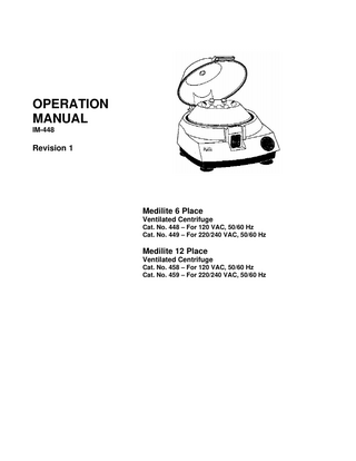 TABLE OF CONTENTS  1 2 3  INTRODUCTION ... 3 INSTALLATION... 4 OPERATION... 5 3.1 Warnings and Cautions ...5 3.2 Loading ...6 3.3 Starting a Run ...6 3.4 Stopping a Run ...6  4  MAINTENANCE ... 7 4.1 Cleaning ...7 4.2 Fuse Change ...7  5  SERVICE... 8 5.1 Troubleshooting...8 5.2 Latch Assembly ...8 5.3 Timer/ Relay...9 5.4 Motor...9  6 7  SPECIFICATIONS ...10 DRAWINGS ...11  IMPORTANT This manual may not contain information on all changes that have occurred to the subject instrument since the manual issue date. It was prepared for use by Thermo IEC authorized factory-trained personnel who are kept current through a program of service letters, bulletins and training seminars. This manual contains warnings against operating procedures that could result in an accident and/or personal injury. It also contains cautions against procedures that could result in damage to your centrifuge or accessories. Read this manual thoroughly before operating or servicing this centrifuge.  Medilite Operation Manual 2  