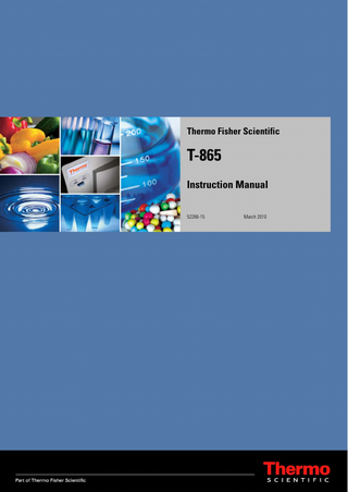 T Table of contents Thermo Scientific T-865 Fixed-Angle Ultracentrifuge Rotor ... ii Important Safety Information ... iii Chapter 1  DESCRIPTION ... 1-1 Rotor Description ... 1-2 Rotor Specifications ... 1-2 Accessories ... 1-2  Chapter 2  OPERATION ... 2-1 Prerun Safety Checks ... 2-2 Compartment Loads in Excess of Design Mass ... 2-2 Critical Speed ... 2-3 Rotor Precool ... 2-3 Relative Centrifugal Force (RCF) Determination ... 2-3 Calculation of Sedimentation Time in Aqueous (Non–gradient) Solutions ... 2-7 Chemical Compatibility ... 2-8 Rotor Balancing ... 2-8 Rotor Loading and Sealing ... 2-9 Centrifuge/Rotor Log Book ... 2-11  Chapter 3  CARE and MAINTENANCE ... 3-1 Corrosion ... 3-2 Cleaning ... 3-2 Storage ... 3-4 Overspeed Decal Replacement ... 3-4 Service Decontamination Policy ... 3-5  Chemical Compatibility Chart ...A-1 Contact Information ...B-1  Thermo Scientific  T-865  i  