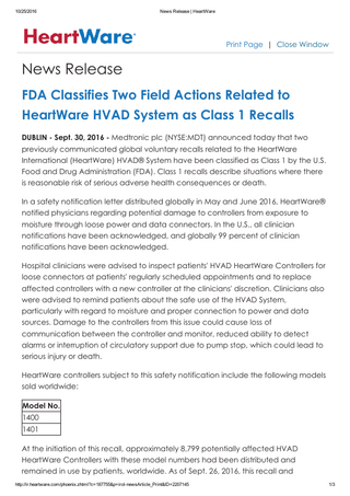 HeartWare HVAD FDA Class 1 Recall Sept 2016