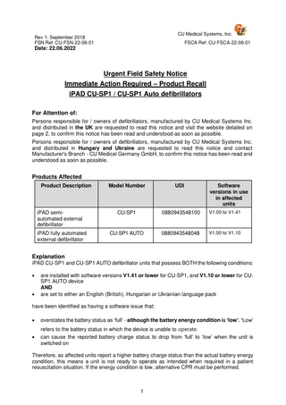 iPAD CU-SP1 / CU-SP1 Urgent Field Safety Notice Product Recall June 2022