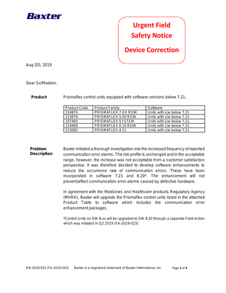 Baxter Prismaflex Urgent Field Safety Notice Aug 2019