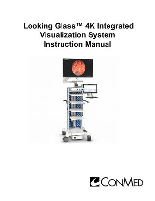 Table of Contents  Page  1.0  INTRODUCTION	 1.1 Operating Principle	 1.2 Indications for Use	 1.3 Intended Use	 1.4 Contraindications	 1.5 Warnings and Precautions	 1.5.1 Risk of Burns	 1.5.2 Risk of Injury	 1.5.3 Risk of Infection	 1.5.4 Compatibility / Additional Warnings	 1.5.5 General Use Warnings	 1.5.6 Precautions	 1.6 Environmental Directives	 1.7 Product Photographs and Drawings	 1.8 Symbol Definitions	  2.0  INSTALLATION AND OPERATION	 7 2.1 System Components	 7 2.1.1 Cable Connector Interface	 7 2.1.1.1 Font Panel	 7 2.1.1.2 Rear Panel	 7 2.1.2 Looking Glass Monitor	 8 2.1.2.1 Front Panel	 8 2.1.2.2 Rear Panel	 8 2.1.2.3 Cable Insertion Port View	 9 2.1.3 Connecting the Cable Connector Interface to the Looking Glass Monitor	 9 2.2 Assembly / Installation Instructions	 9 2.2.1 Rear Cover Removal	 9 2.2.2 Interface connection	 10 2.2.2.1 Power supply connection	 10 2.2.2.2 Protective Earth Connection	 11 2.2.2.3 Potential equalization	 11 2.2.2.4 Cable Routing	 11 2.2.2.5 VESA Mount Installation	 12 2.2.3 Cable Connector Interface Installation Instructions	 12 2.3 Head Detection, Camera Head Connection, White Balance	 13 2.3.1 Camera Head is not connected, Power ON	 13 2.3.2 Camera Head Insertion, Power ON	 13 2.3.3 Camera Head Removal, Power ON	 14 2.3.4 White Balance	 14 2.4 System Configuration	 15 2.4.1 Menu Navigation	 15 2.4.2 Main Menu	 16 2.4.3 Procedure Menu 	 17 2.4.4 Camera Head Buttons 	 17 2.4.5 Button Press Type	 18 2.4.6 Button Press Action	 18 2.4.7 Button Hold Action	 18 2.4.8 Light Source 	 19 2.4.9 Mini Panel	 19 2.5 Connecting the Looking Glass Camera Head to Eyecup Scopes	 19  3.0  MAINTENANCE	 3.1 Cleaning Information	 3.1.1 Warnings, Precautions and Notes	 3.1.2 Monitor and Cable Connector Interface Cleaning Instructions	 3.1.3 Recommended cleaning solutions	 3.2 Looking Glass Sterilization Information	 3.2.1 Warnings, Precautions and Notes	 I  1 1 1 1 1 1 1 1 2 2 3 3 4 4 5  20 20 20 20 20 20 20  