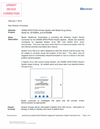 SIGMA SPECTRUM Urgent Device Correction Feb 2014