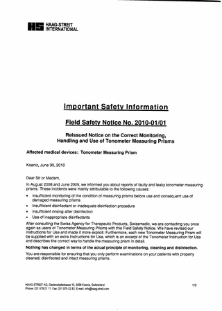 Tonometer Measuring Prisms Field Safety Notice June 2010