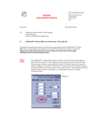 CARESCAPE B850 Urgent Field Safety Notice April 2010