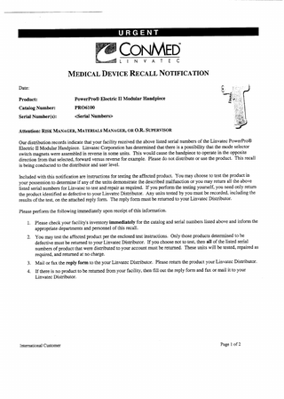 PowerPro Electric II Medical Device Recall Notification July 2005