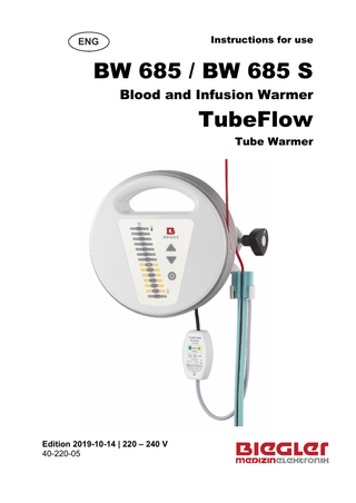 BW 685 / BW 685 S / TubeFlow  TABLE OF CONTENTS 1  WARNINGS AND SAFETY INSTRUCTIONS  4  2  DESCRIPTION  7  2.1  GENERAL DESCRIPTION  7  2.2  INTENDED USE  7  2.3  INDICATION  7  2.4  CONTRAINDICATION  8  2.5  SCOPE OF DELIVERY  8  2.6  CONSUMABLES  8  3  INITIAL OPERATION  9  3.1  INITIAL OPERATION OF THE DEVICE  9  3.2  ALARMS  12  3.3  SHUTTING DOWN THE DEVICE  14  3.4  TROUBLESHOOTING  14  4  MAINTENANCE  15  5  CLEANING AND DISINFECTION  15  6  PERIODIC INSPECTIONS  16  7  MANUFACTURER LIABILITY  19  8  WARRANTY CONDITIONS  20  9  RETURN OF DEVICES  20  10  DISPOSAL  20  11  ELECTROMAGNETIC COMPLIANCE LEVELS  21  11.1  EMISSION  21  11.2  IMMUNITY TEST LEVELS  21  12  MANUFACTURER'S DECLARATION  22  13  SYMBOLS  23  14  OPERATING AND STORAGE CONDITIONS  25  15  TECHNICAL DATA  26  16  MANUFACTURER  27  3  