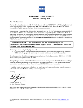 FF 450 Fundus Camera / VISUPAC 430 and 450 Imaging System End of Life Support  Feb 2011