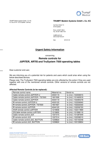 Trumpf Jupiter,Artis and TruSystem Operating Tables Remote Controls Urgent Safety Info  Jan 2015