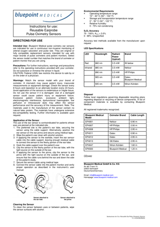 Reusable Earprobe Pulse Oximetry Sensors Directions for Use V1.4