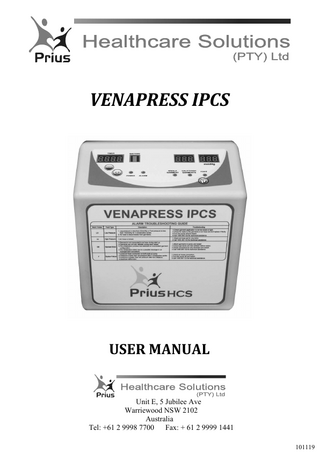 VENAPRESS IPCS  USER MANUAL  Unit E, 5 Jubilee Ave Warriewood NSW 2102 Australia Tel: +61 2 9998 7700 Fax: + 61 2 9999 1441 101119  