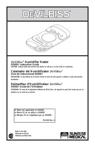 Ta b l e  of  Contents  3  TABLE OF CONTENTS Symbol Definitions... 4 Important Safeguards ... 4 Use Instructions ... 6 Important Parts of Your 9200 DeVilbiss Humidifier Heater... 7 Connection and Set-Up Instructions ... 8 Operation ... 9 Controlling the Humidity... 10 Cleaning and Maintenance... 10 Troubleshooting... 11 Specifications ... 12 Warranty... 14 Declaration of Conformity ... 15 TABLA DE CONTENIDO Definiciones de Símbolos ... 16 Normas de Seguridad Importantes ... 16 Instrucciones de Uso ... 18 Partes Importantes del Calentador del Humidificador 9200 de DeVilbiss ... 19 Instrucciones de Conexión e Instalación ... 20 Funcionamiento ... 21 Control de Humedad... 22 Limpieza y Mantenimiento ... 22 Detección y Solución de Problemas... 23 Especificaciones ... 24 Garantía ... 26 Declaración de Conformidad ... 27 TABLE DES MATIÈRES Définitions des symboles ... 28 Mises en garde importantes... 28 Instructions d’utilisation... 30 Pièces importantes de votre réchauffeur d'humidificateur DeVilbiss 9200 ... 31 Branchement et configuration de l’appareil... 32 Fonctionnement... 33 Contrôle de l’humidité ... 34 Nettoyage et entretien ... 34 Guide des pannes... 35 Spécifications ... 36 Garantie ... 38 Déclaration de conformité... 39  DI-9200  