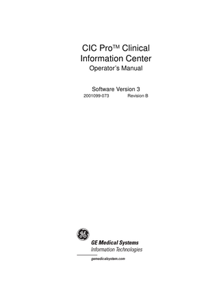 CIC Pro Clinical Information Center Operators Manual Sw Ver 3 Rev B