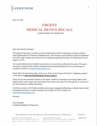 GlidescopeGo Monitors Urgent Medical Device Recall June 2021- Monitor Issue 