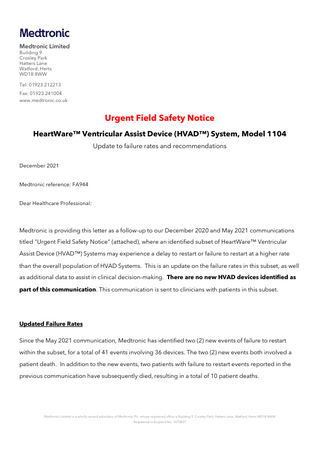 HeartWare Ventricular Assist Device Urgent Field Safety Notice Dec 2021