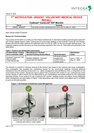 CereLink ICP Monitor Urgent Safety Alert AC Cord issue Aug 2022